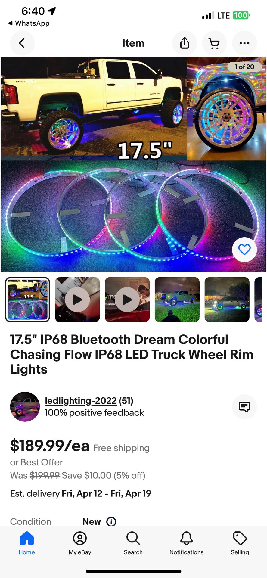 17.5" IP68 Bluetooth Dream Colorful Chasing Flow IP68 LED Truck Wheel Rim Lights