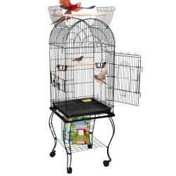 63.5'' Rolling Bird Cage Large Wrought Iron Cage for Cockatiel Sun Conure Parakeet Finch Budgie Lovebird Canary Medium Pet House with Rolling Stand & 