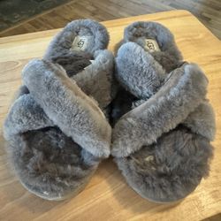 UGG ABELA SLATE FLUFFY SHEEPSKIN SLIPPERS