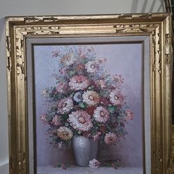 VTG Carved Framed Impasto Oil Still Life Painting 'Roses in a Vase' Signed "Robin" 23.5"x28"