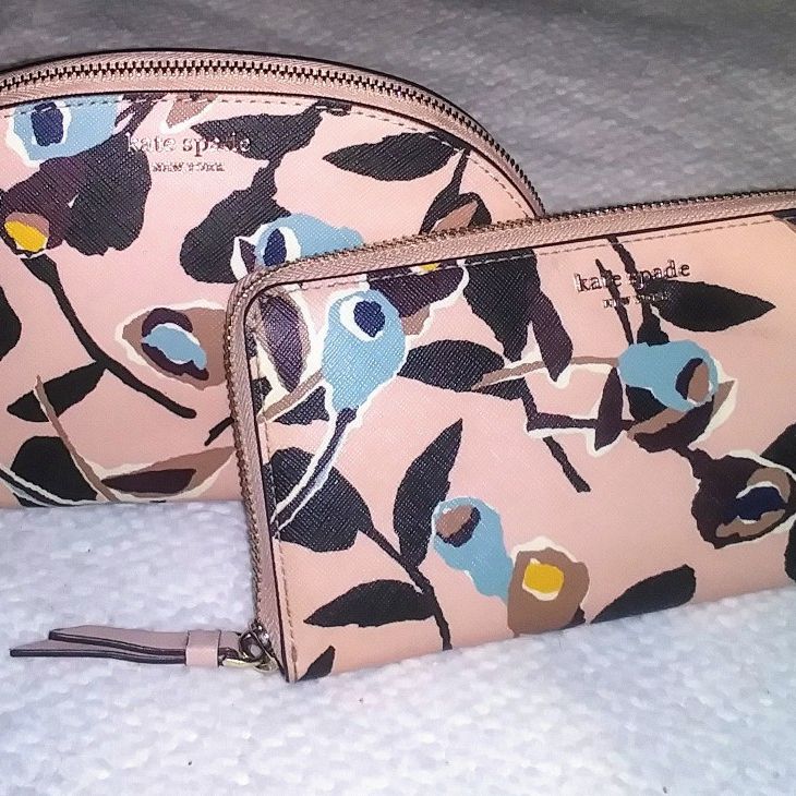 Kate Spade Cameron Paper Rose Medium Dome Cosmetic Bag & Large Continental Wallet Set