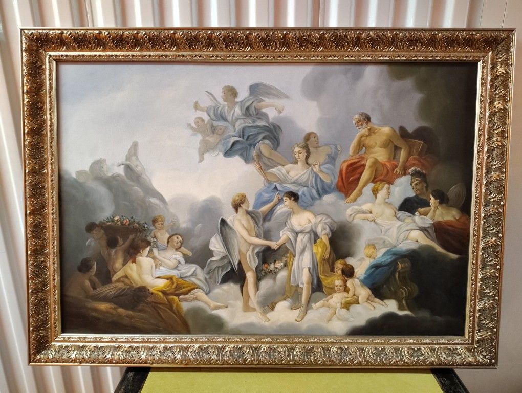 Large Classical Painting Signed Zhony Xian Angles And Cherubs Ornate Gilt Frame