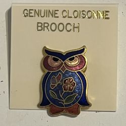 Brand New Vintage Red & Blue Genuine Cloisonne Owl Brooch Pin