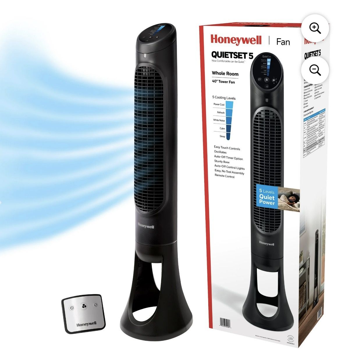 Honeywell 40" Black Quiet Set Oscillating Tower Fan, 30ft Air Circulation Power, 5 Speed, Auto Off Timer, HYF260B