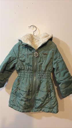 DKNY Girls Teal Quilted Winter Coat with Faux Fur Lining & Hood