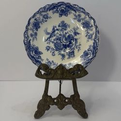 Vintage Bristol Blue & White Floral Saucer Plate – Chipped, Antique Charm