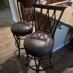 2 Bronze Swivel Bar Stools With Padded Leather Seats