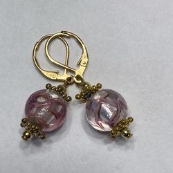 Fashion Jewelry Gold Lever Back Earrings With Gold Accents And Pink Swirled Bead