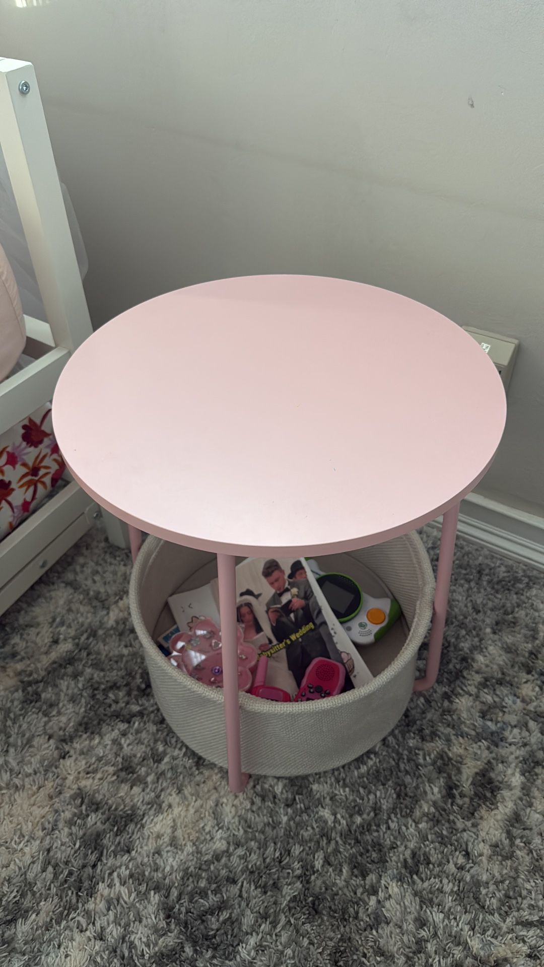 Light Pink Night Table With Storage Basket In New Condition 