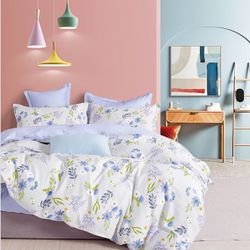 New Floral Cotton Queen Duvet Cover Set 3Pcs Comforter Cover 2 Pillowcases Blue Flower Bedding Set