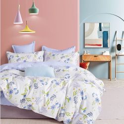 New Floral Cotton Queen Duvet Cover Set 3Pcs Comforter Cover 2 Pillowcases Blue Flower Bedding Set