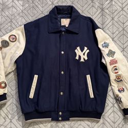 MLB GIII Carl Banks Size XL NY Yankees 26-Time World Series Champions Letter Jacket W/Patches Navy Blue White Leather Sleeves Zip up W/Snap- Buttons 4