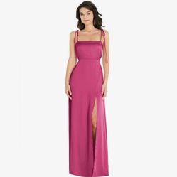 SKINNY TIE-SHOULDER SATIN MAXI DRESS WITH FRONT SLIT IN TEA ROSE