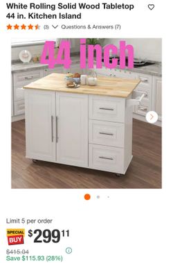 White Rolling Kitchen Island with Wood Top, 44 in.