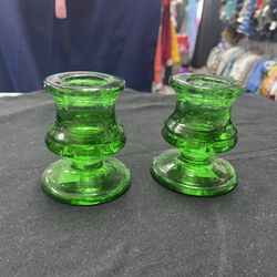 Vintage Handblown Green Glass Candle Holders