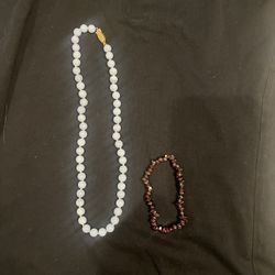 Blue Beaded Necklace And Red Beaded Bracelet 