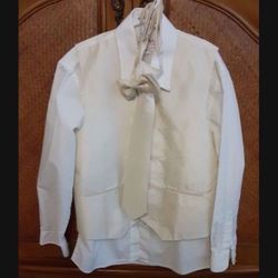 Boys Size 10, 4 Piece Cream Color: Collared shirt,  Vest,  Tie, And Bowtie 