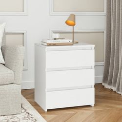 White Nightstand with 3 Drawers, Sofa Table for Living Room, Modern Wooden Storage Cabinet for Bedroom