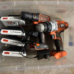 Black & Decker Drills (2) Plus Extra 20v Batteries (4)