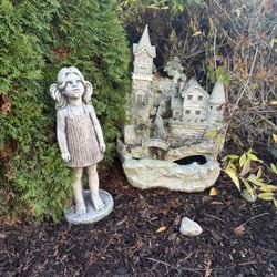 Garden Statue, Little Girl And Garden Fountain