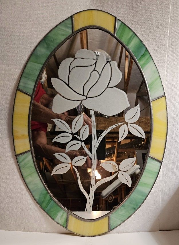 Large vintage floral design mirror framed in stained glass