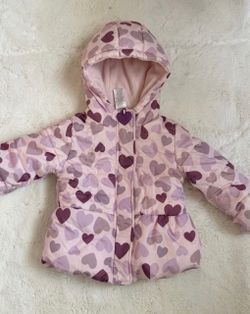 Baby Girl Pink Heart Puffer Winter Jacket/ Chaqueta (2T)