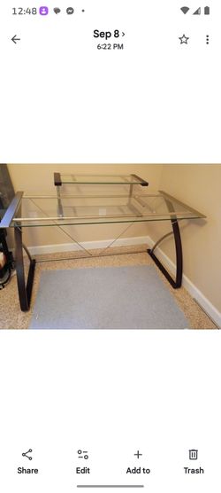 Modern Nice Sized Desk, Glass, trimmed in wood , metallic silver, Very Nice Like New but gently used