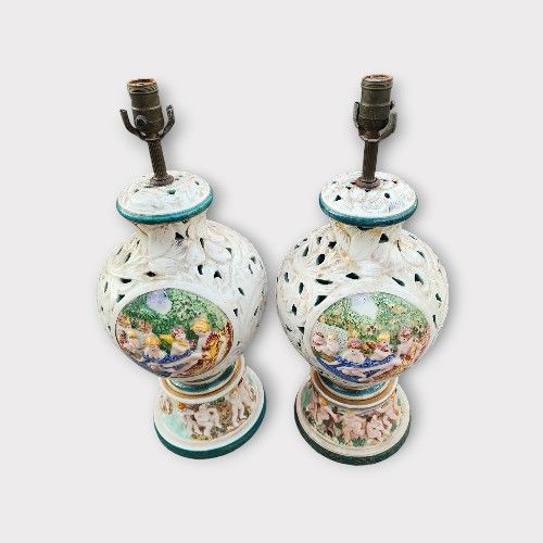 Capodimonte Italian Porcelain Lamps Set Embossed Hand-Painted Cherub Goddesses' BEST OFFER