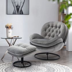 Gray Velvet Papasan / Swivel Accent Chair w/ Ottoman [NEW IN BOX] **Retails For $600