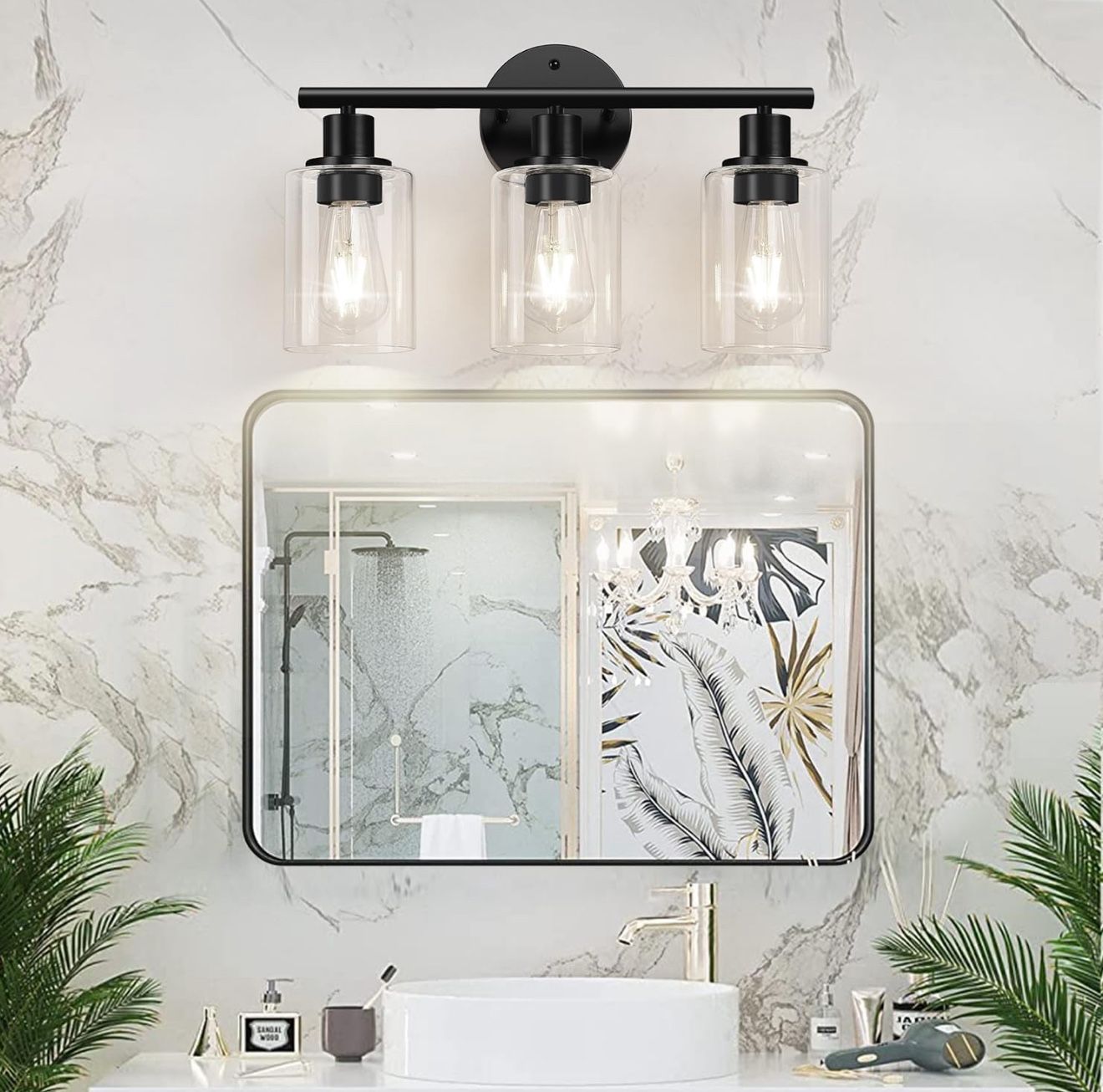 Matte Black Modern Vanity Light Over Mirror with Clear Glass Shade