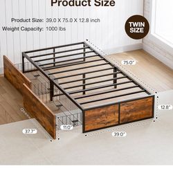Twin XL Bed Frame, Nightstand And Storage