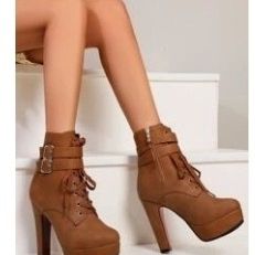 Black Buckle Decor Platform Lace up Chunky Heeled Boots
