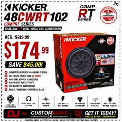 Kicker CompRT CWRT10 Shallow 10" Dual Voice Coil Subwoofer 2-Ohm 800 Watts 48CWRT102 🚨 Payment Options Available 🚨 No Credit Needed 🚨