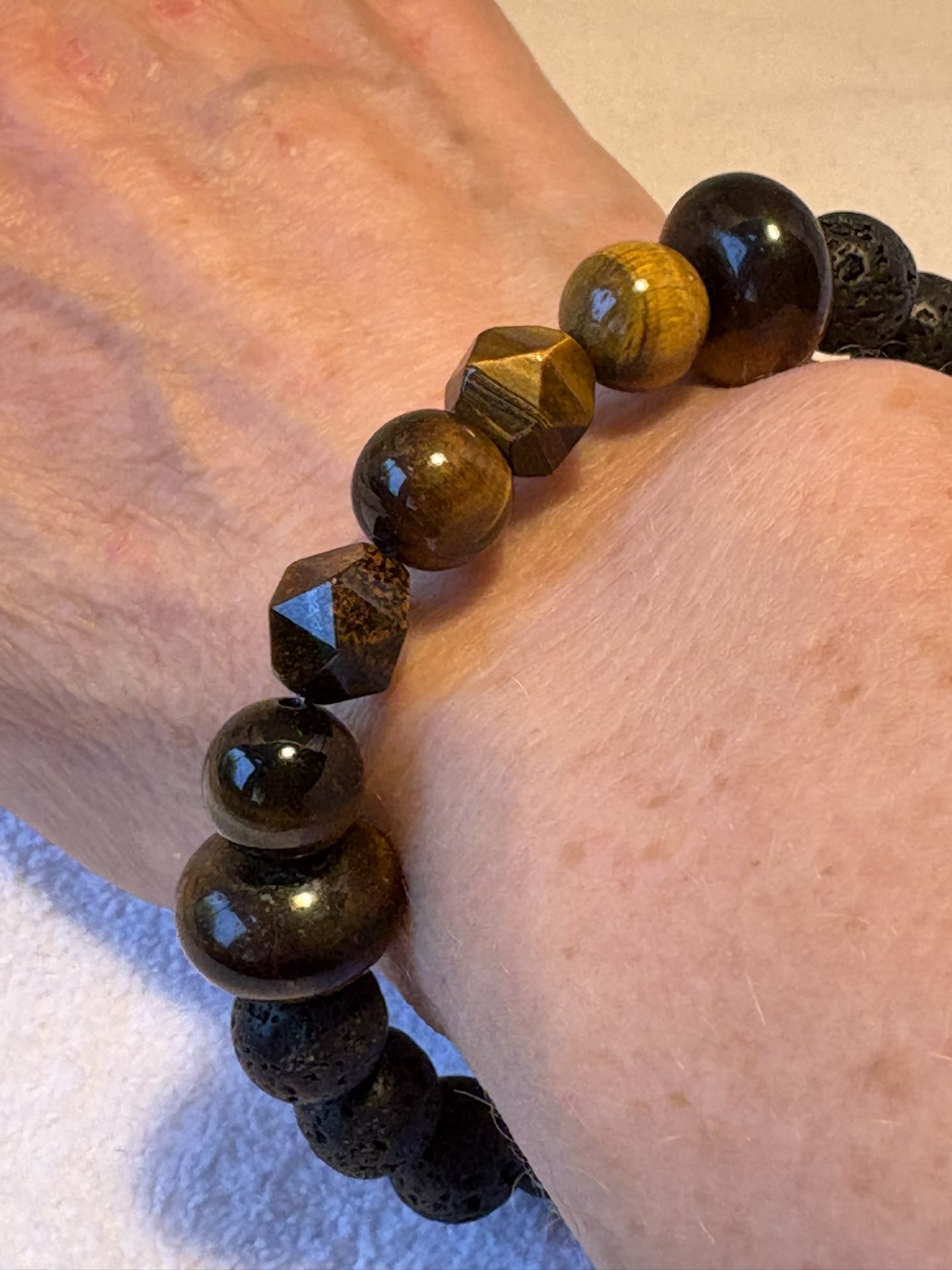 TIGERS EYE BEADED STRETCH BRACELET 7-8” Prisms Large Rondel and 10mm round 