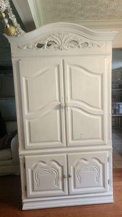 White Ornate Wooden Armoire Entertainment Center