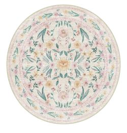 New! Adorable 8 Foot Round Boho Floral Washable Rug