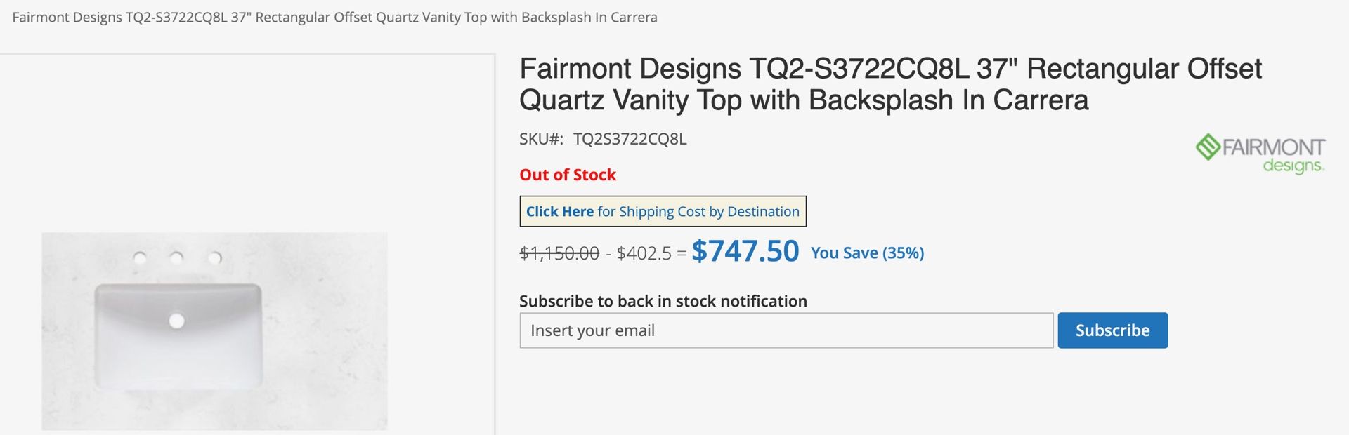 Fairmont Designs TQ2-S3722CQ8L 37” Rectangular Offset Quartz Vanity Top Carter’s