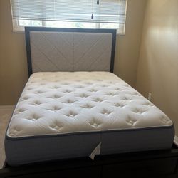 Queen Storage Bed Frame w/ Upholstered Headboard & 2 Drawers