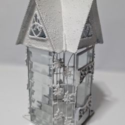 9 Inch White Metal and Glass Cottage Lantern House Tealight Candle Holder

