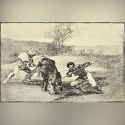 SPANIARDS HUNTED BULLS ON FOOT Original Antique Vintage Fine Art GOYA Print 60’s of Etching Spain Printed Collectible