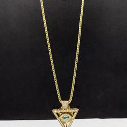14k Solid  Franco Diamond Cut Chain And Triangle  with eyes Pendant 