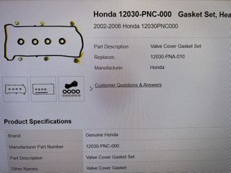 Acura Tsx 2009 To 2014 Valve Cover Gasket
