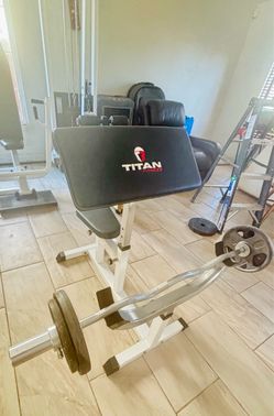 Titan Fitness Preacher Curl Bench with EZ Curl Bar and Weights