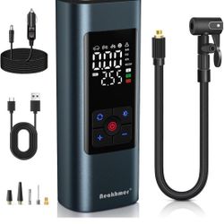 Tire Inflator Portable Air Compressor: Cordless Air Pump for Car Tires 150PSI - Tire Pump with Pressure Gauge for Car Bike Motorcycle Balls (Grey Blue