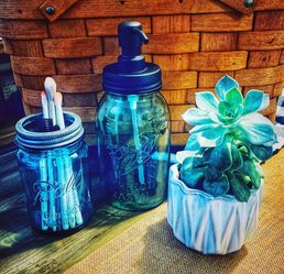 Bath or Makeup set Vintage Ball Jars and Natural Succulent plant
