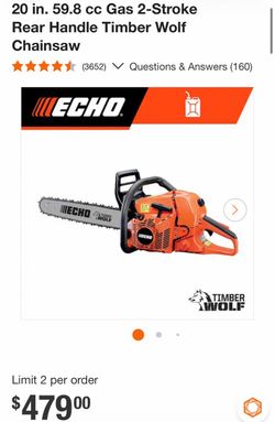 20 in. 59.8 cc Gas 2-Stroke Rear Handle Timber Wolf Chainsaw
