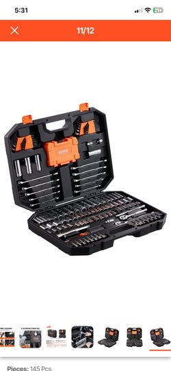 Mechanics Tool Set and Socket Set,145 Pcs SAE and Metric Mechanic Tool Kit with Bits, 1/4" and 3/8" Drive Deep and Standard Sockets, Combination Wrenc