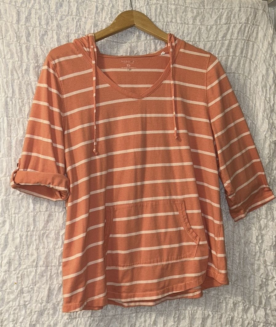 Sonoma: Striped Top, Hooded, 3/4 Length Roll Tab Sleeves, Size: XL