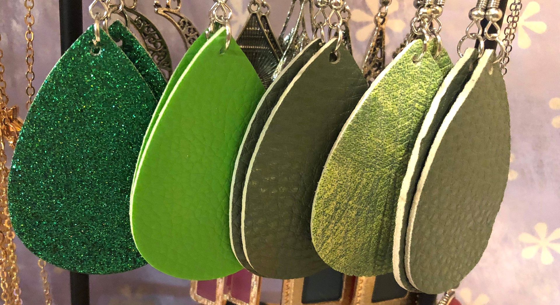 New Viridescent greens faux leather earrings $6 Ea 