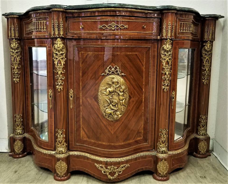 Antique French Louis XV Style Gilt Bronze Mounted Marquetry Sideboard Buffet With Marble Top 19.8.8